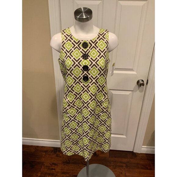 Michael Kors Green & Brown Geometric Button Front Shift Dress, Size 8 - Picture 1 of 6